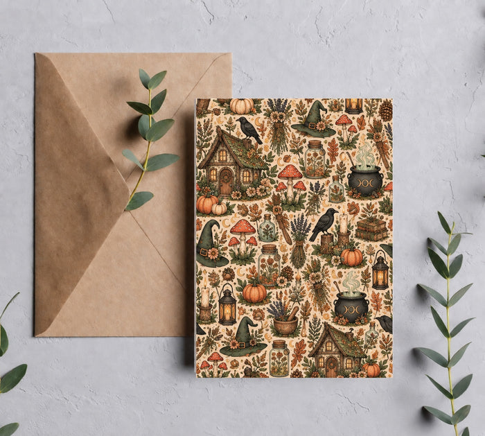 Enchanted Cottage Whimsical Witchcraft Halloween greeting card with kraft envelope