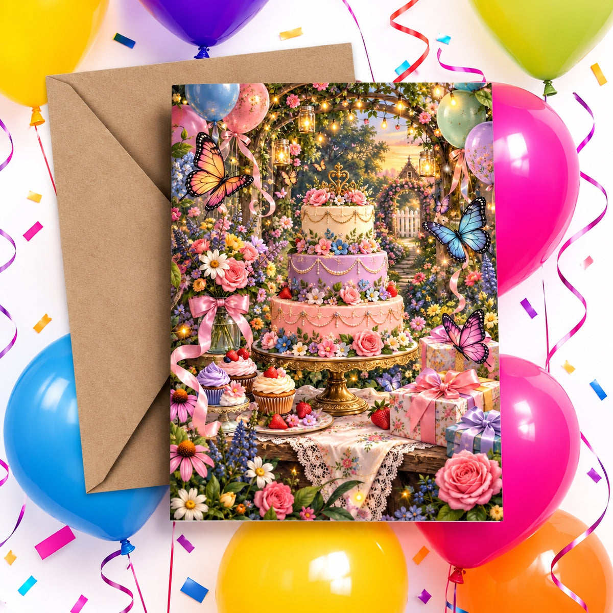 Enchanted garden birthday greeting card with floral tiered cake, butterflies, balloons and gifts
