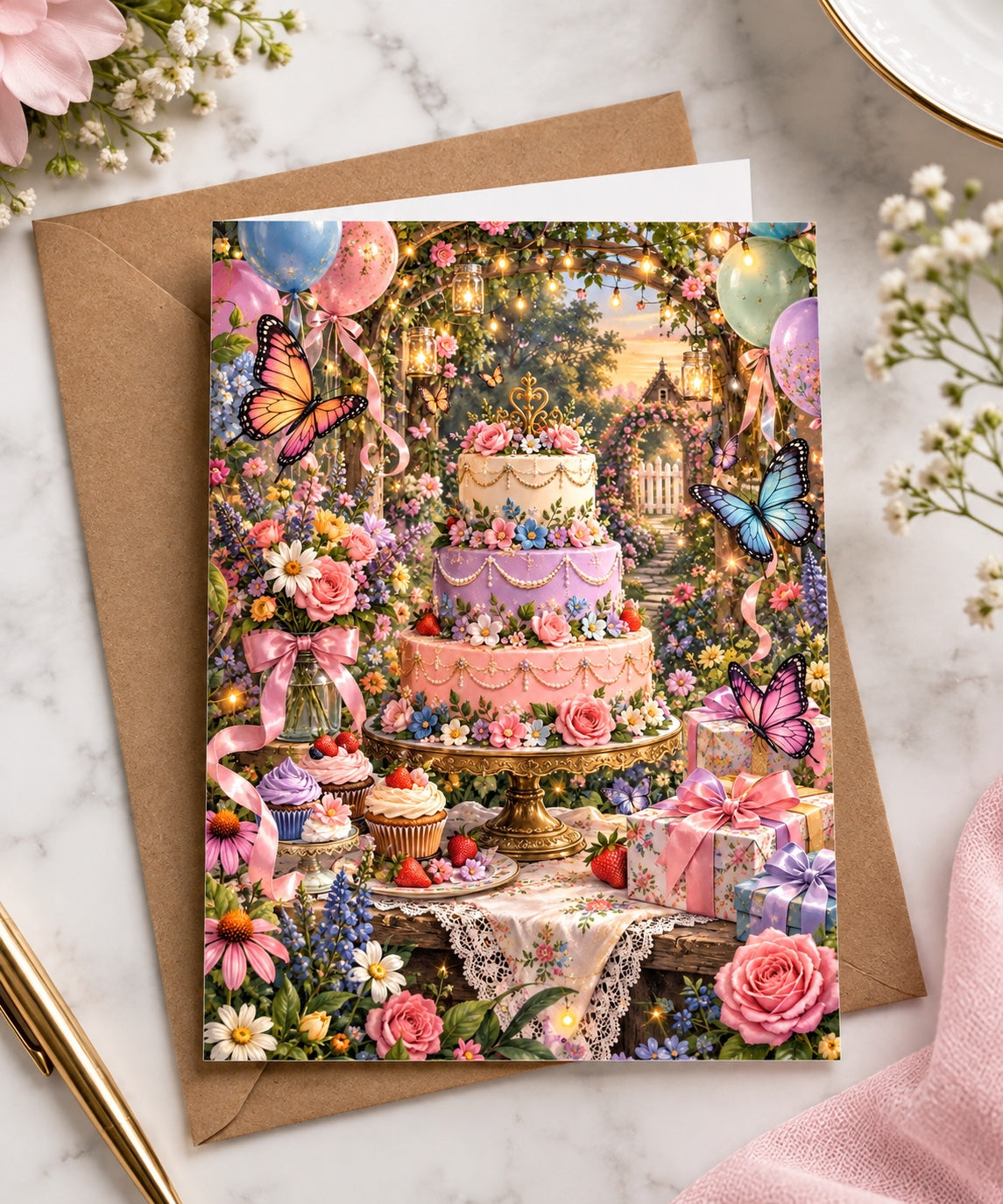 Enchanted floral birthday cake greeting card shown with brown kraft paper envelope