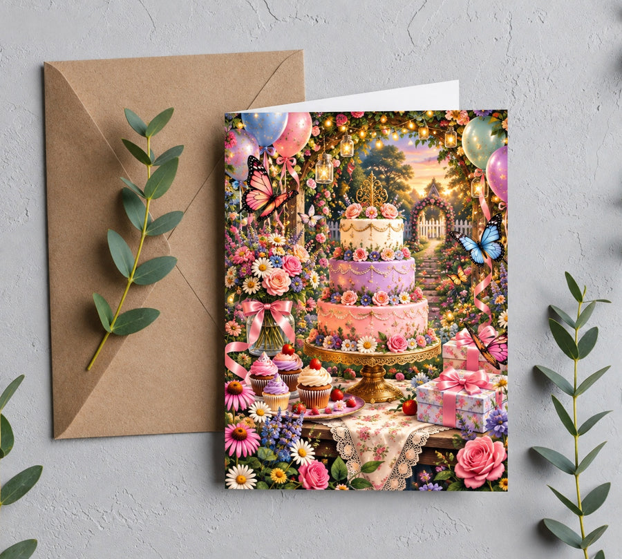 5 x 7 birthday greeting card displayed with kraft envelope on a neutral surface