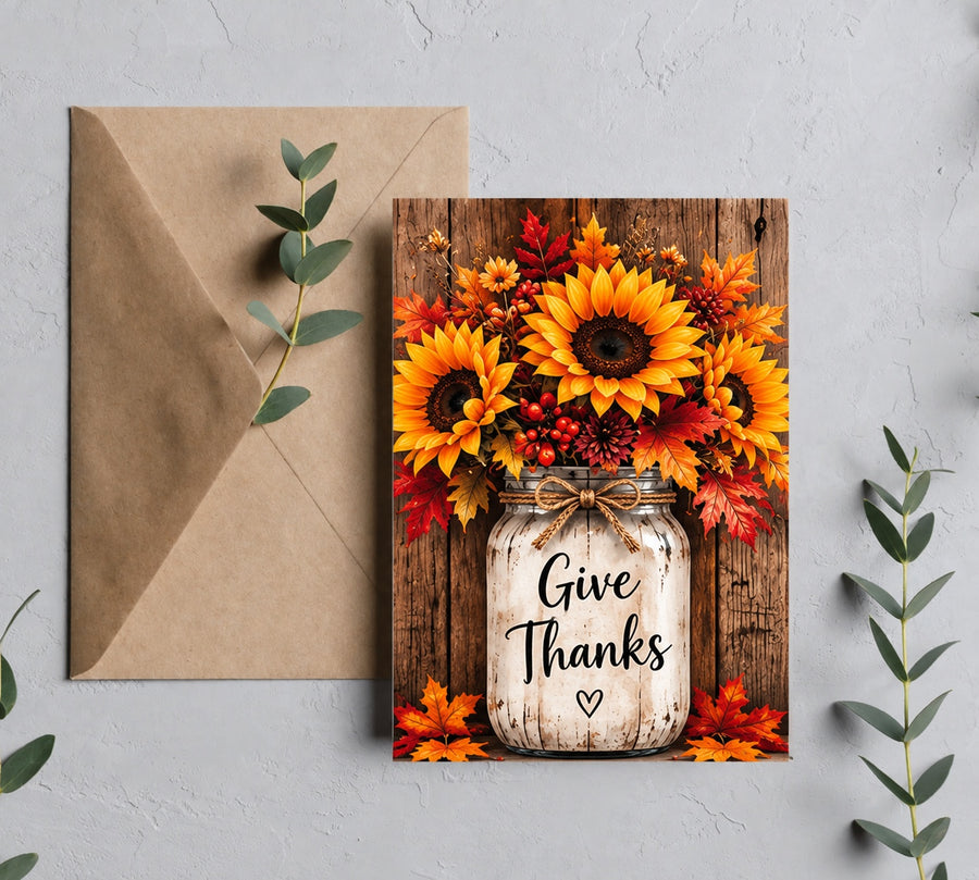 Give Thanks sunflower mason jar Thanksgiving greeting card on kraft envelope