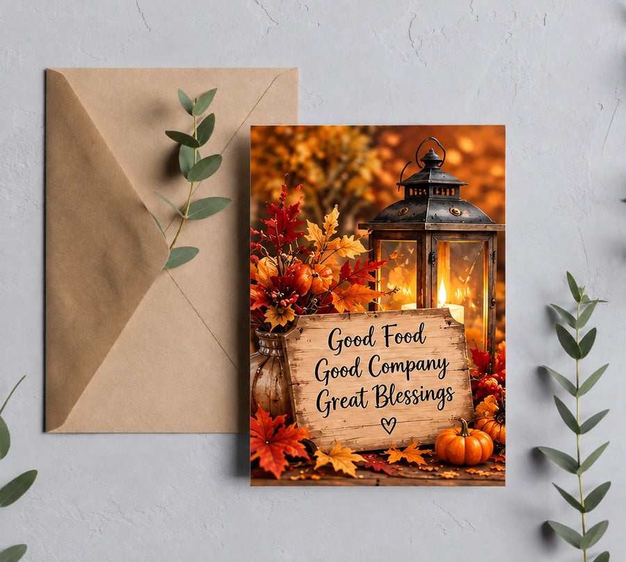 Good Food Good Company Great Blessings Thanksgiving greeting card with autumn lantern and brown kraft envelope