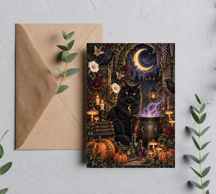 5x7 Gothic black cat Halloween greeting card mockup with brown envelope, crescent moon, cauldron, pumpkins, mushrooms and witch garden