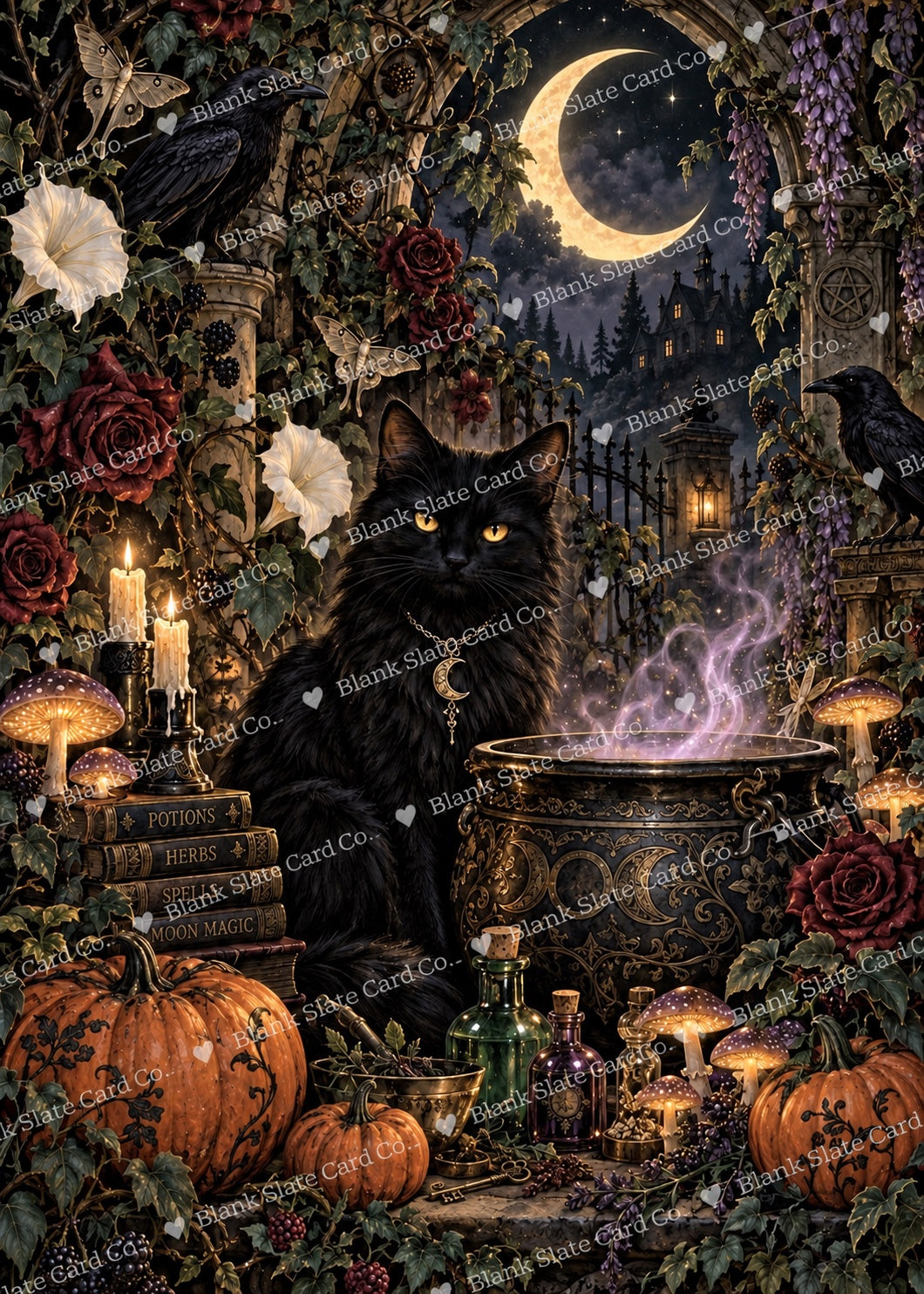 Watermarked 5x7 gothic black cat witch garden Halloween greeting card artwork with cauldron, crescent moon, ravens, moths, roses and pumpkins