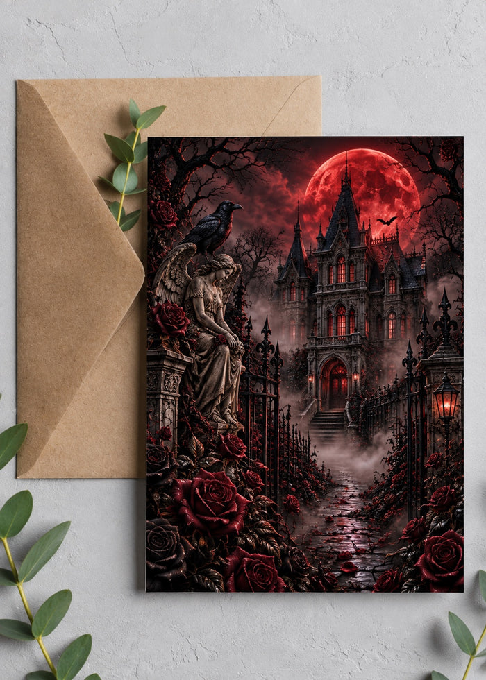 5x7 gothic blood moon mansion Halloween greeting card with raven, angel statue, red roses and brown envelope