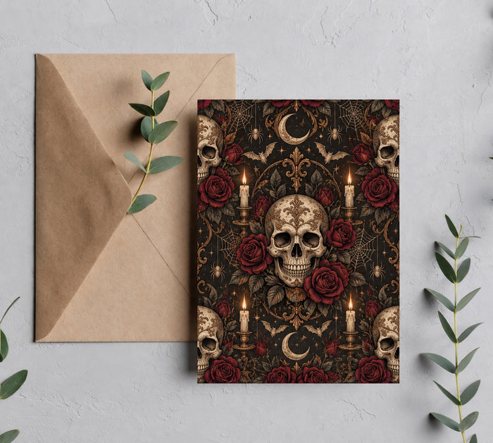 Gothic skull and burgundy roses Halloween greeting card with brown envelope