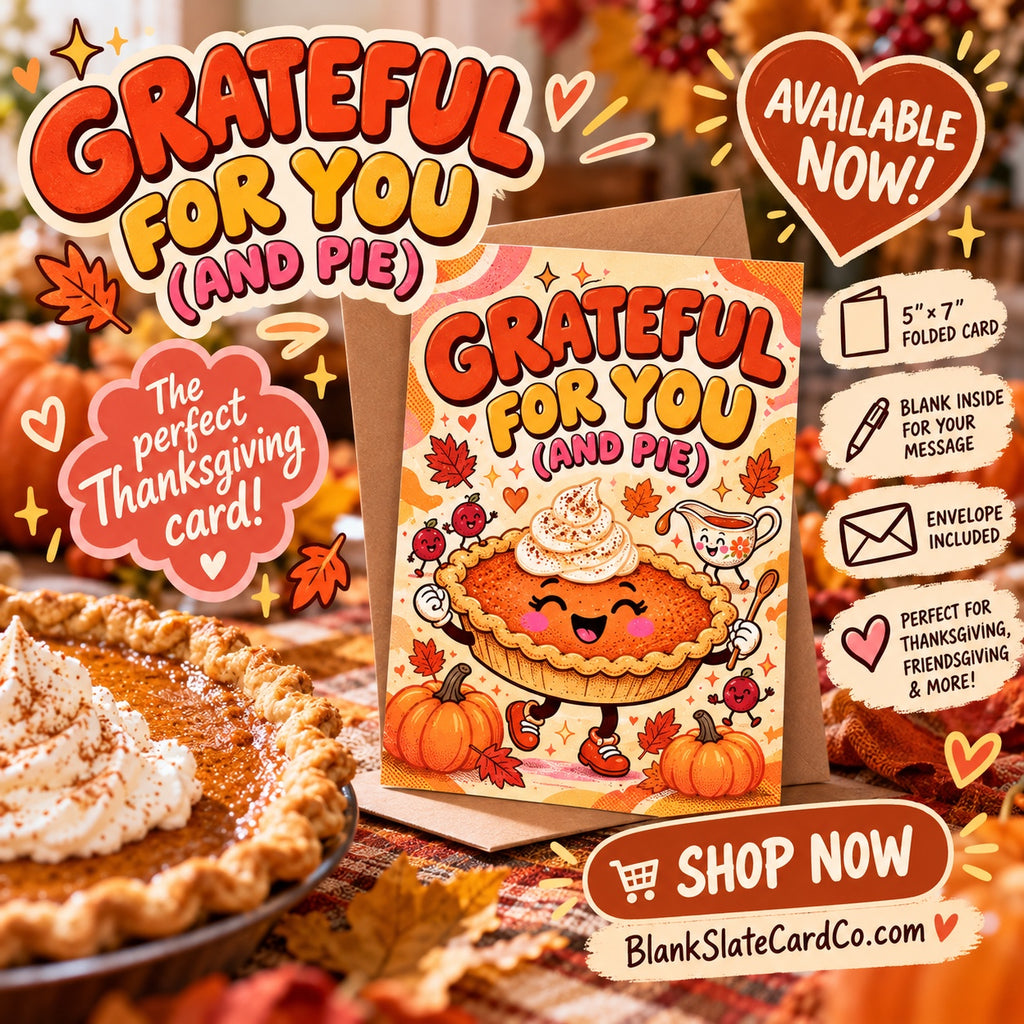 Thanksgiving pumpkin pie greeting card promotional photo with shopping call to action