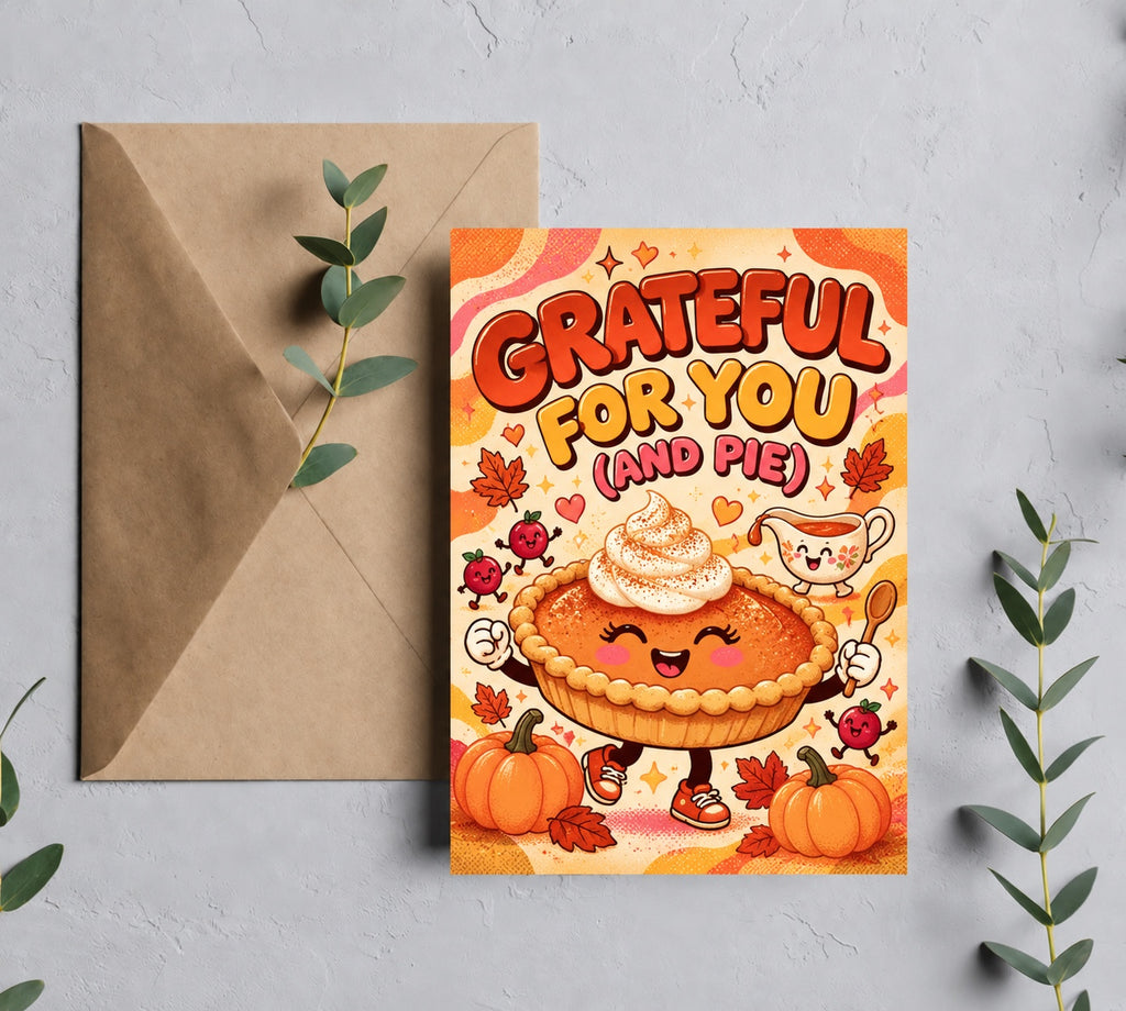 Grateful for You and Pie Thanksgiving card with kraft envelope on white background