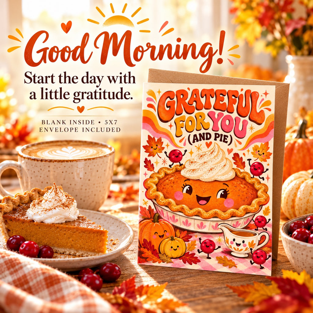Grateful for You and Pie card with coffee and pumpkin pie on an autumn morning