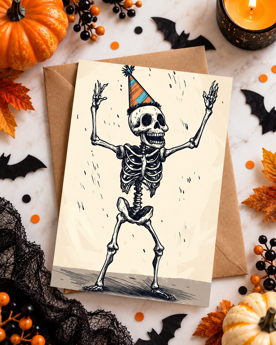 Halloween birthday greeting card editorial with dancing skeleton pumpkins bats and candle