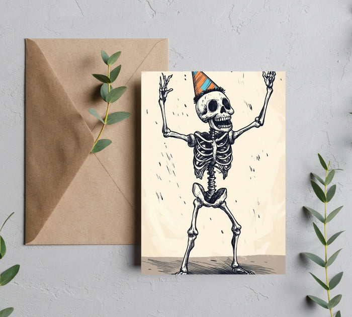 Dancing skeleton Halloween birthday greeting card 5x7 with kraft envelope