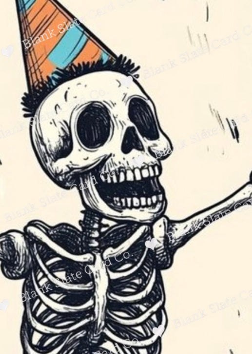 Watermarked dancing skeleton Halloween birthday card artwork