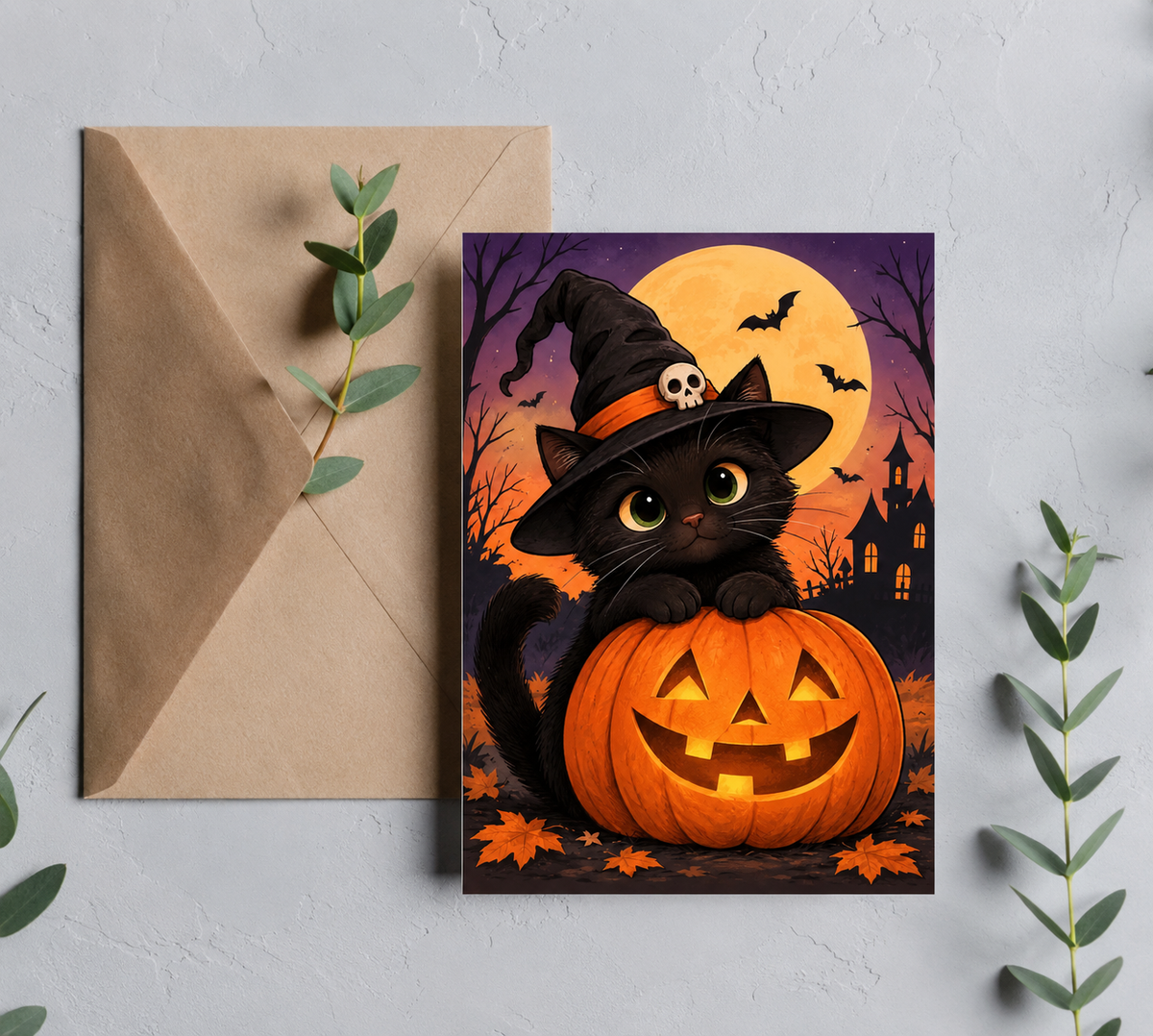 Black cat Halloween greeting card wearing a witch hat with a jack-o-lantern, moon, bats, and haunted house on a kraft envelope