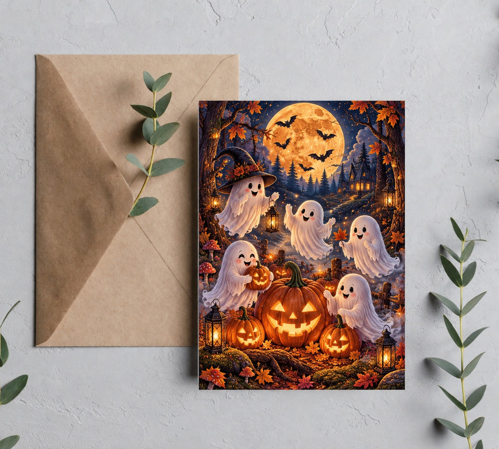 Halloween greeting card product mockup featuring friendly ghosts, pumpkins, bats, a full moon, haunted forest, and brown envelope