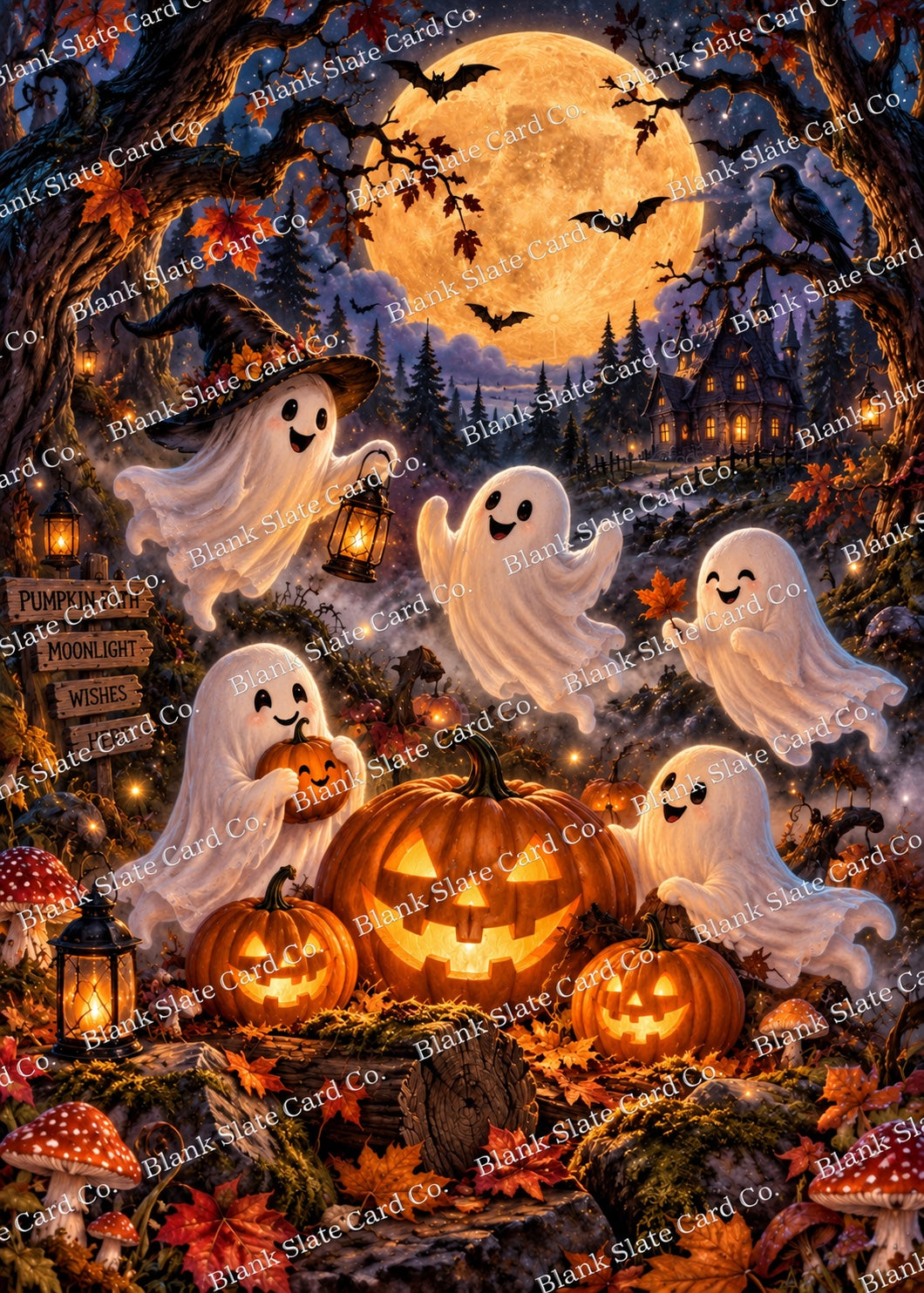Watermarked Halloween greeting card artwork featuring friendly ghosts, pumpkins, bats, a full moon, haunted forest, autumn leaves, and lanterns