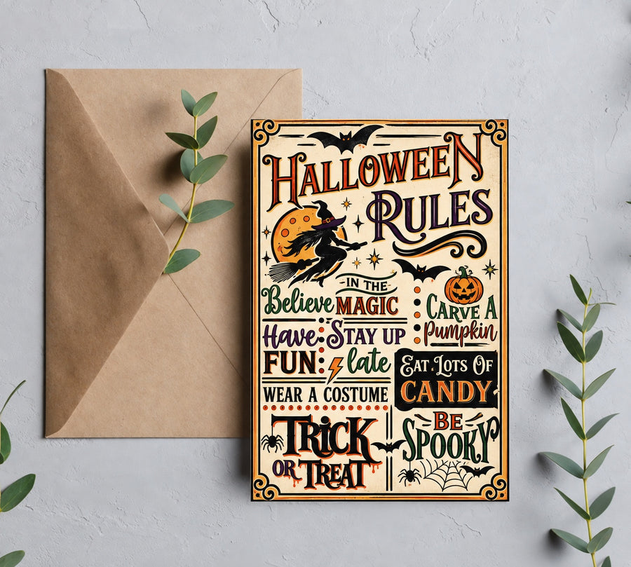 Halloween Rules vintage greeting card flat lay with kraft envelope
