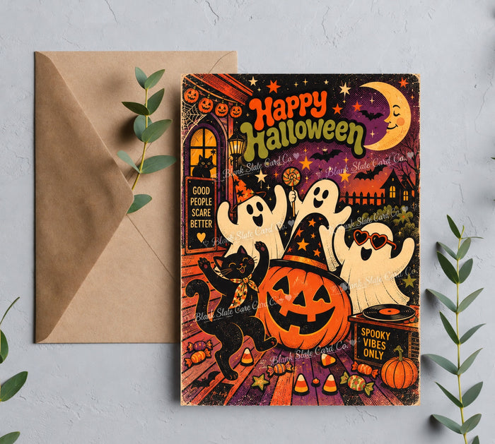 5x7 Happy Halloween ghost greeting card product mockup with brown paper envelope