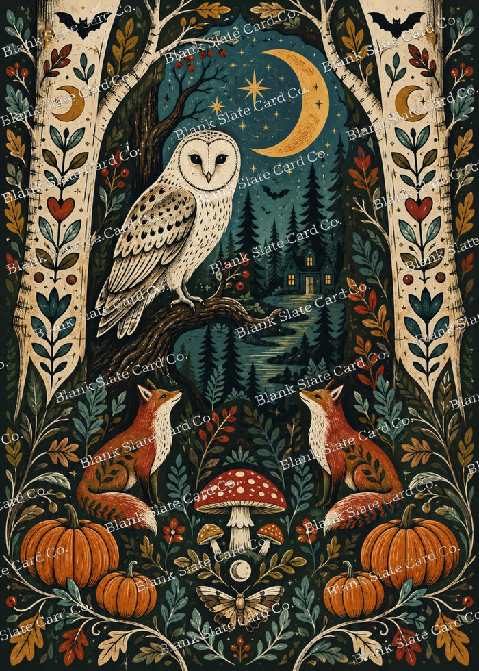 Haunted Forest Scandinavian folk art Halloween greeting card with brown envelope
