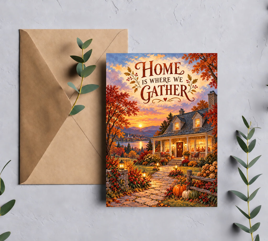 Home Is Where We Gather 5x7 Thanksgiving greeting card with brown envelope