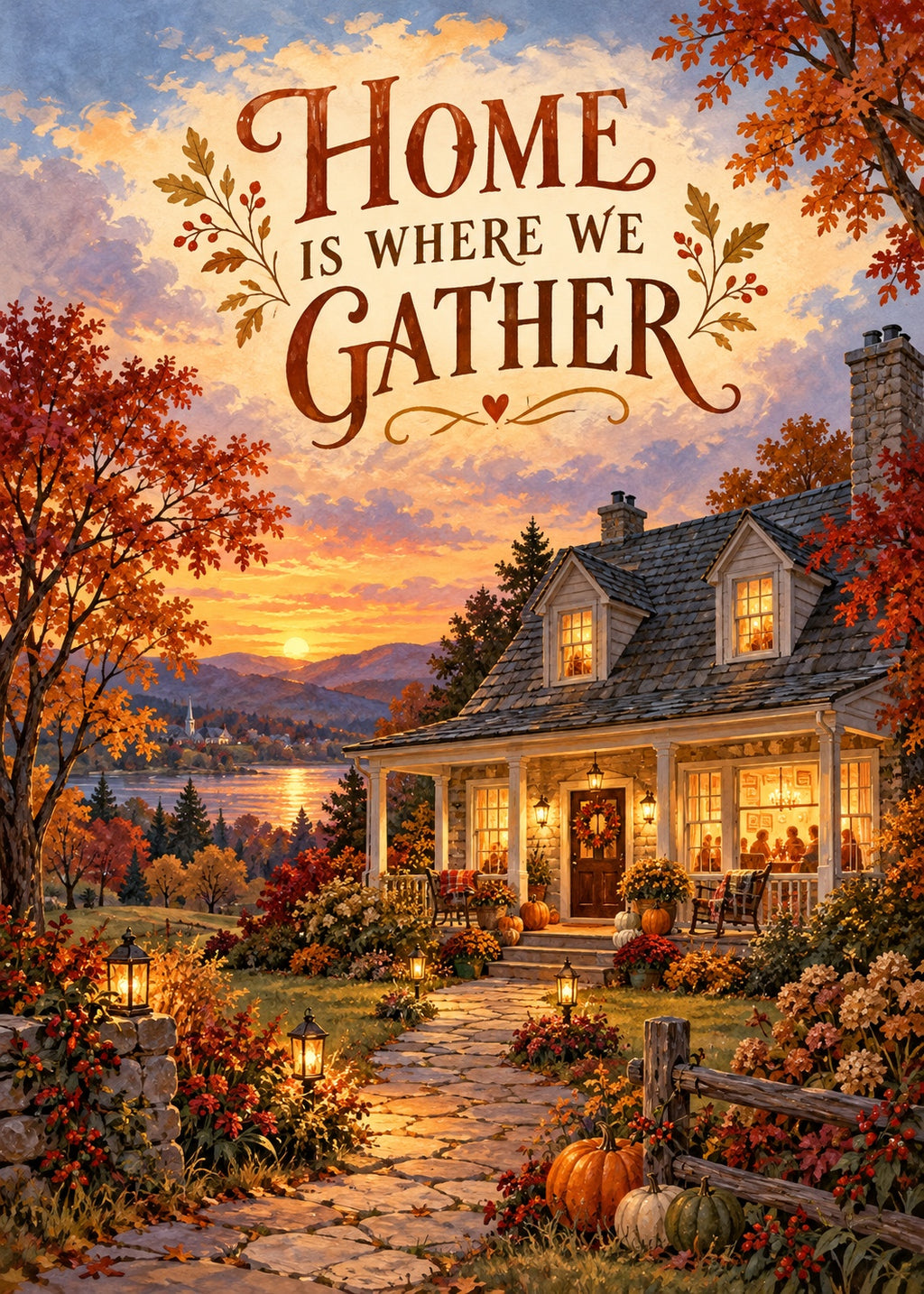 Watermarked autumn cottage illustration Home Is Where We Gather Thanksgiving card
