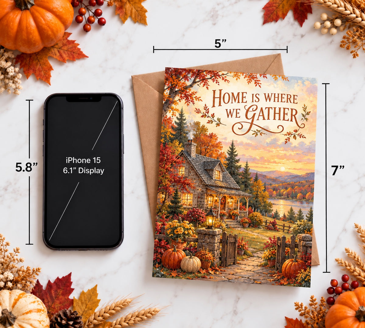 5x7 Thanksgiving card size comparison alongside iPhone 15