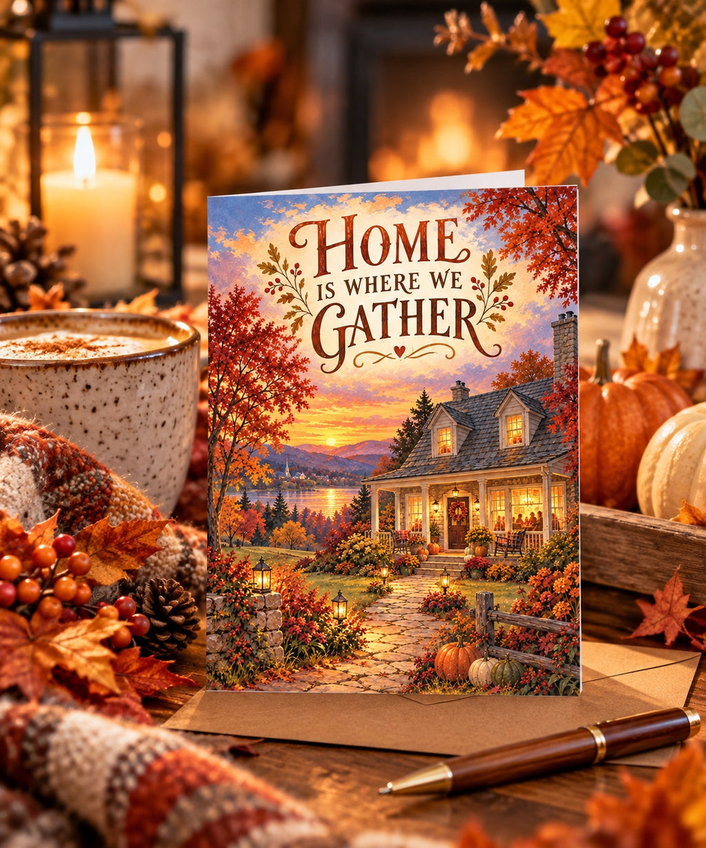 Home Is Where We Gather Thanksgiving card displayed with cozy fall decor