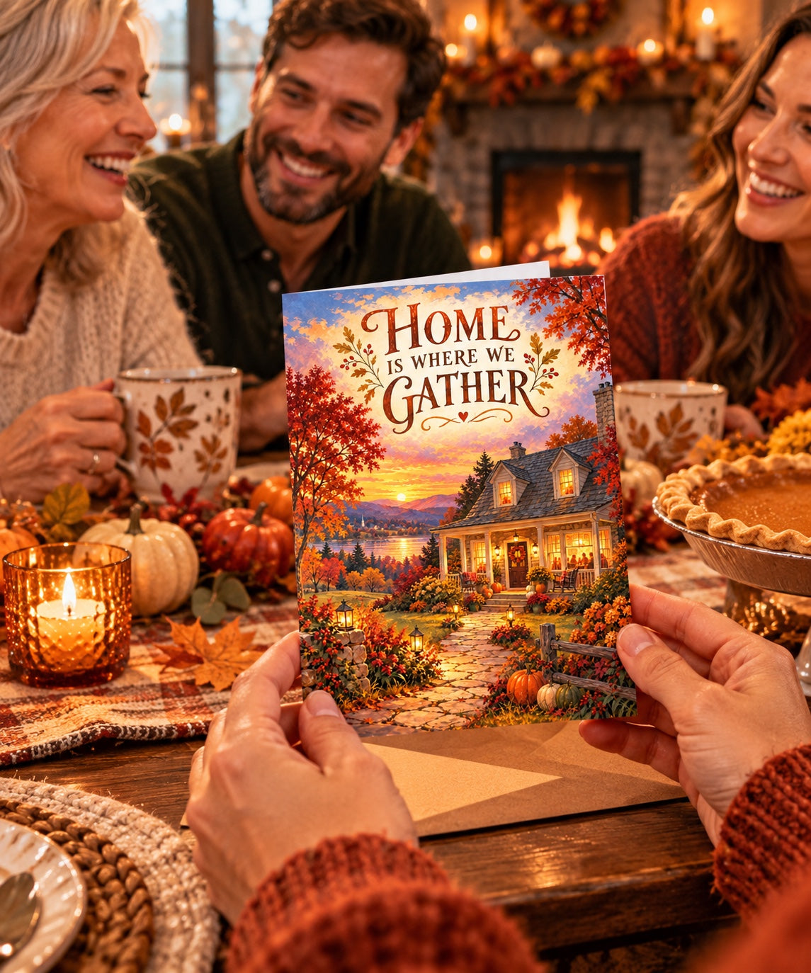 Home Is Where We Gather original fall cottage greeting card artwork