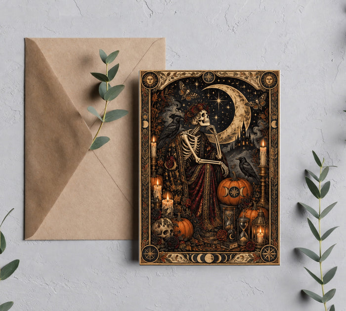 5x7 Moonlit Skeleton Occult Tarot Halloween greeting card with brown envelope