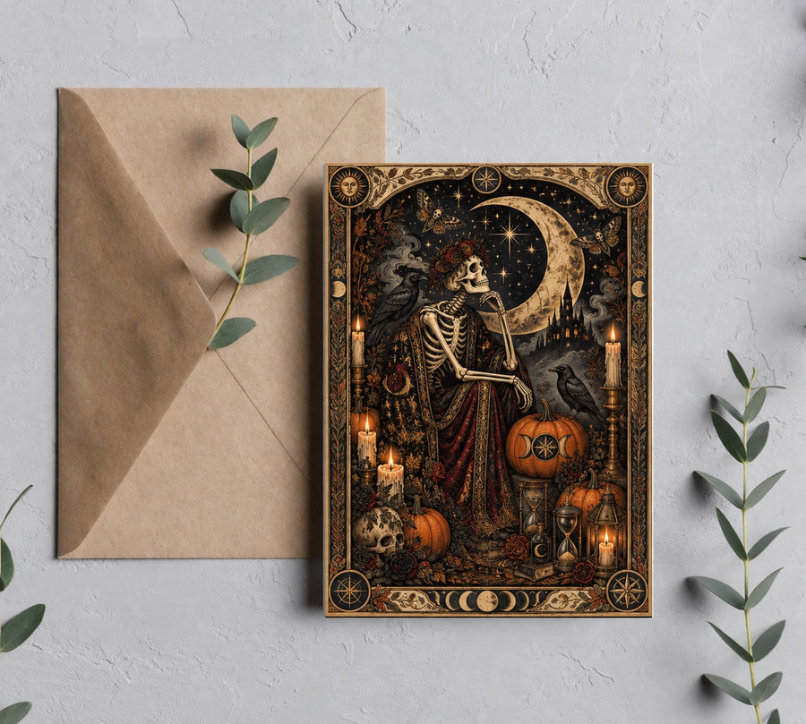5x7 Moonlit Skeleton Occult Tarot Halloween greeting card with brown envelope