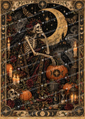 Watermarked Moonlit Skeleton Occult Tarot Halloween greeting card artwork with crescent moon, skeleton, ravens, pumpkins and candles