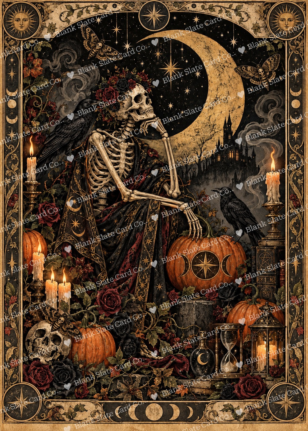 Watermarked Moonlit Skeleton Occult Tarot Halloween greeting card artwork with crescent moon, skeleton, ravens, pumpkins and candles