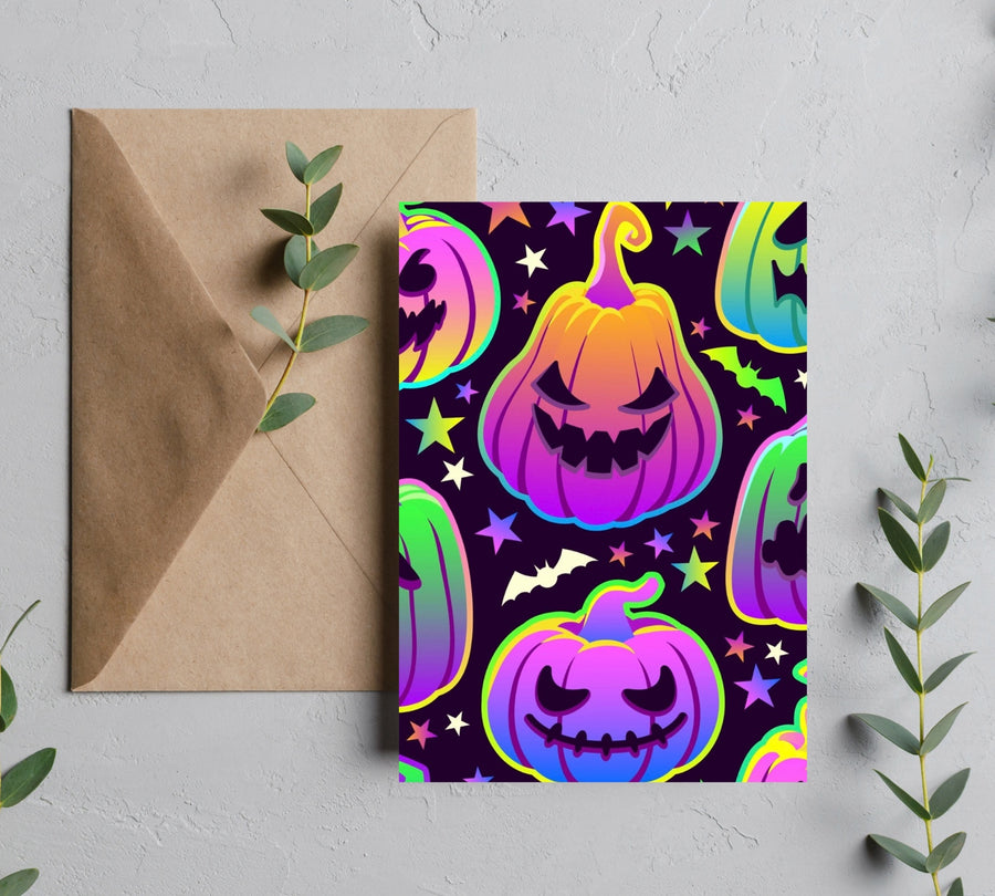 Neon pumpkin Halloween greeting card mockup with kraft envelope