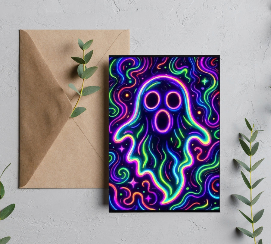 Neon rainbow ghost Halloween greeting card with colorful glowing swirls