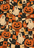 Retro Halloween checkerboard Halloween card artwork with pumpkins ghosts bats moons stars spiders and candy corn