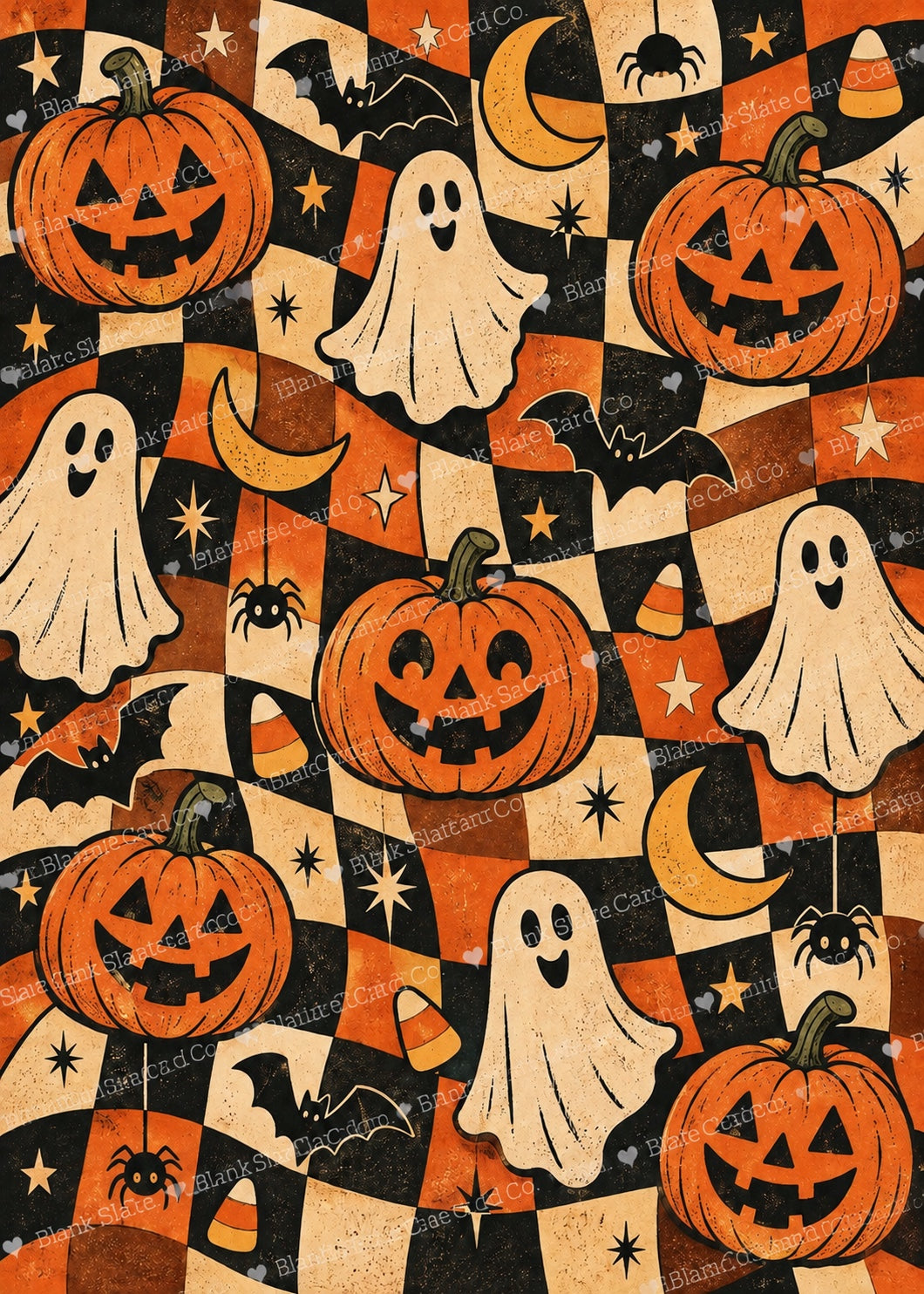 Retro Halloween checkerboard Halloween card artwork with pumpkins ghosts bats moons stars spiders and candy corn