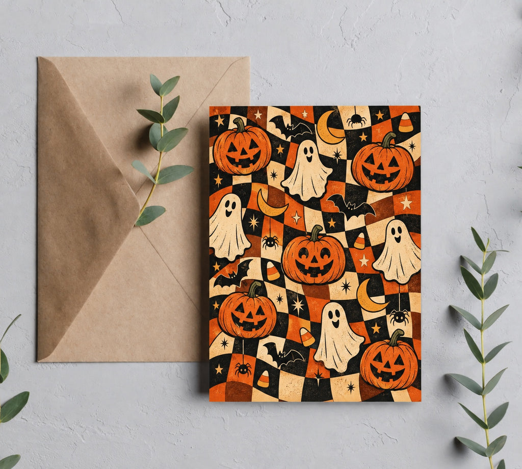 Retro Halloween checkerboard greeting card with kraft brown envelope