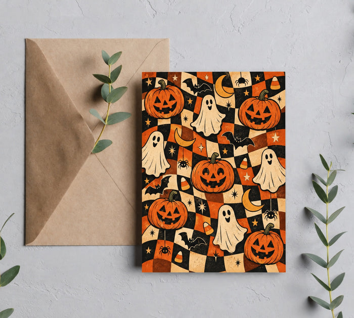 Retro Halloween checkerboard greeting card with kraft brown envelope
