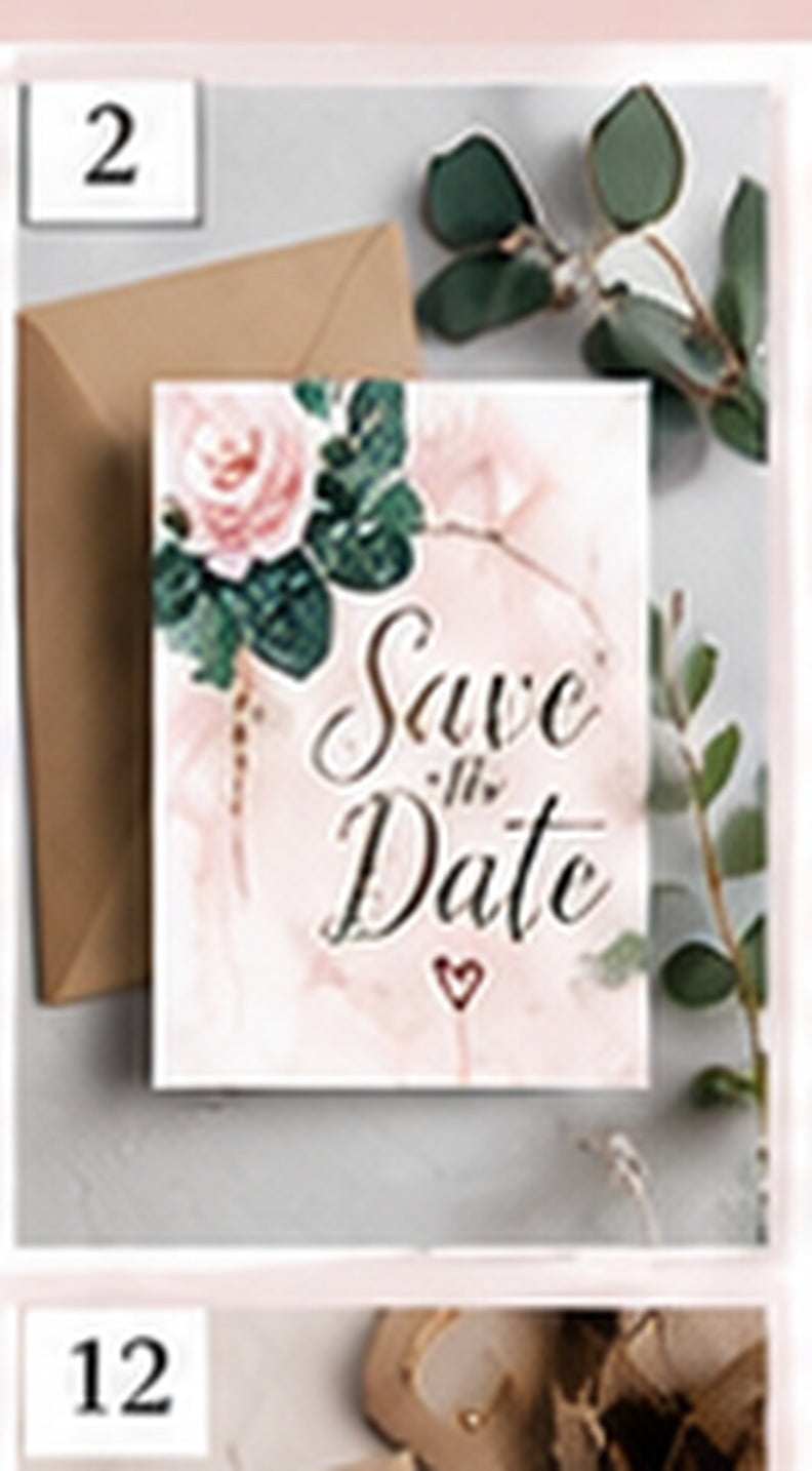 Rose and eucalyptus Save the Date card on brown envelope with wedding stationery background