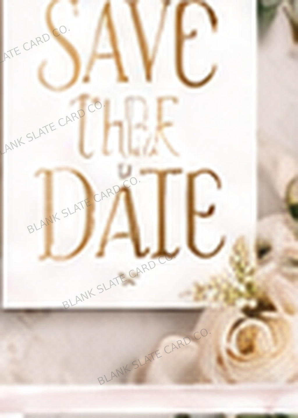 Elegant gold script Save the Date card graphic with Blank Slate Card Co. watermark