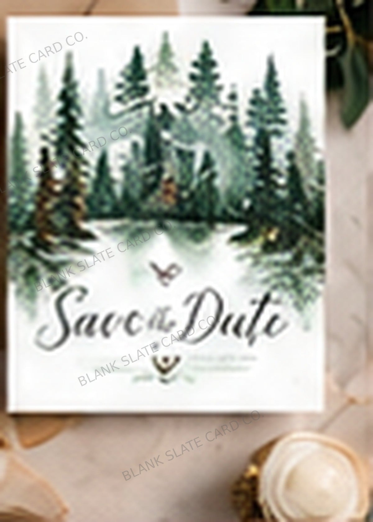 Evergreen Forest Save the Date Card watermarked card graphic