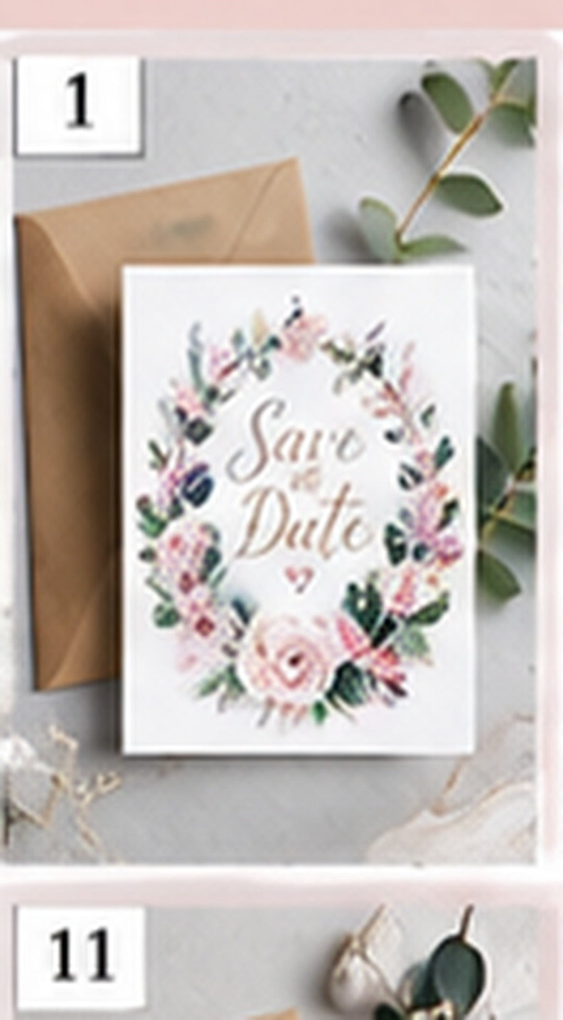 Hot Air Balloon Romance Save the Date Card on brown envelope with wedding stationery background