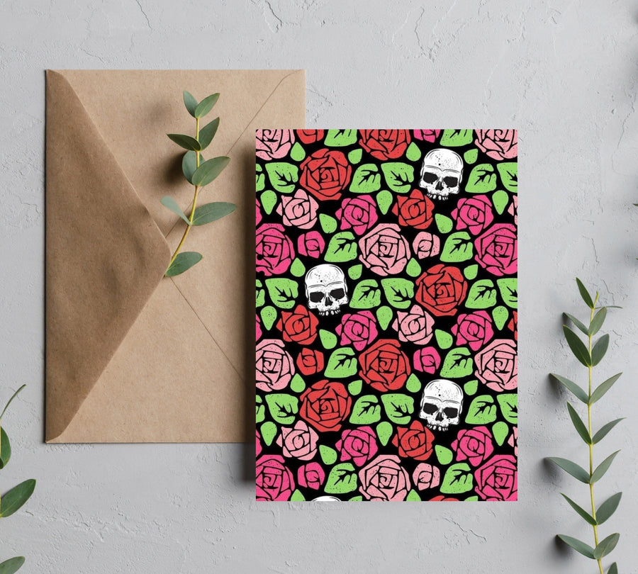 Skull and roses 5x7 greeting card with kraft envelope