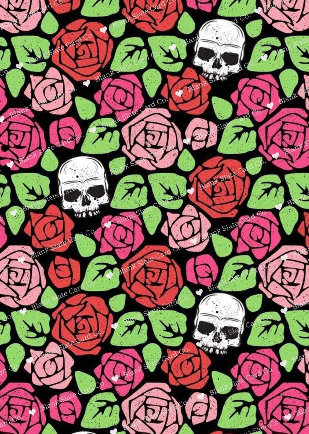 Watermarked skull and colorful roses greeting card artwork