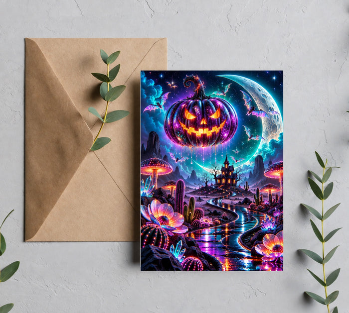 Surreal neon Halloween dreamscape 5x7 greeting card with glowing purple pumpkin, crescent moon, haunted house, mushrooms and reflective path