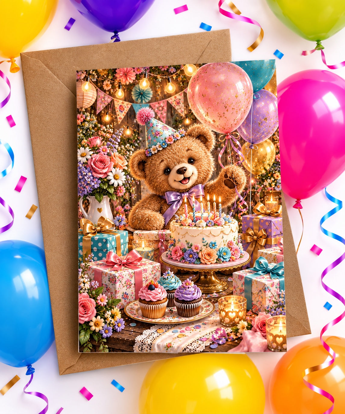 Cute teddy bear birthday greeting card with floral birthday cake, balloons and gifts