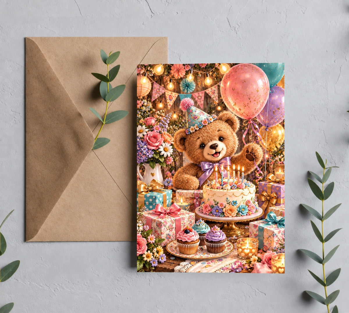 Teddy bear birthday greeting card displayed with brown kraft paper envelope