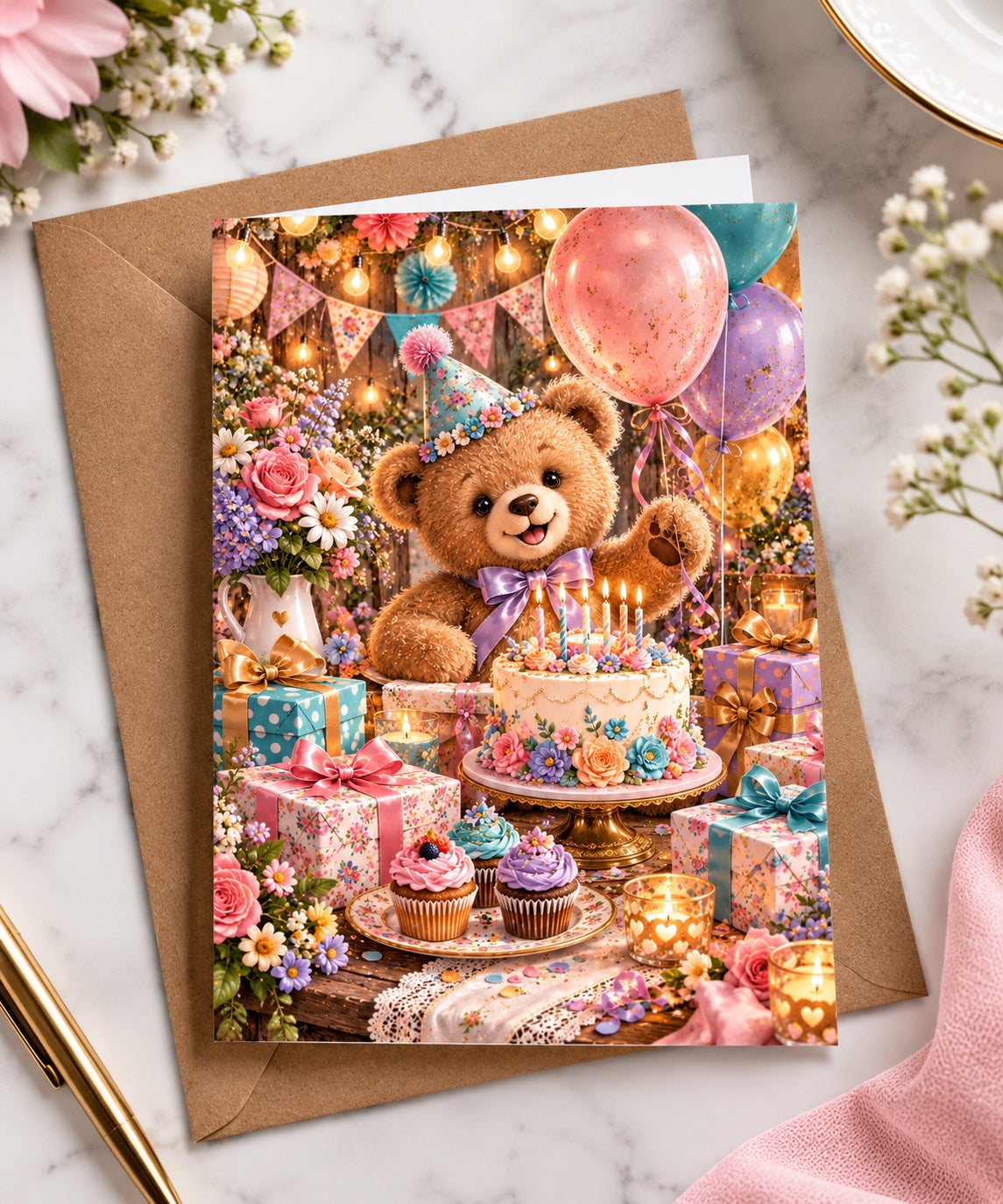5 x 7 teddy bear birthday greeting card with kraft envelope