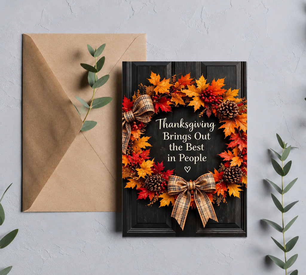 Thanksgiving Brings Out the Best in People autumn wreath greeting card with brown kraft envelope