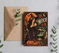 The Witch Is In vintage Halloween greeting card mockup with brown envelope