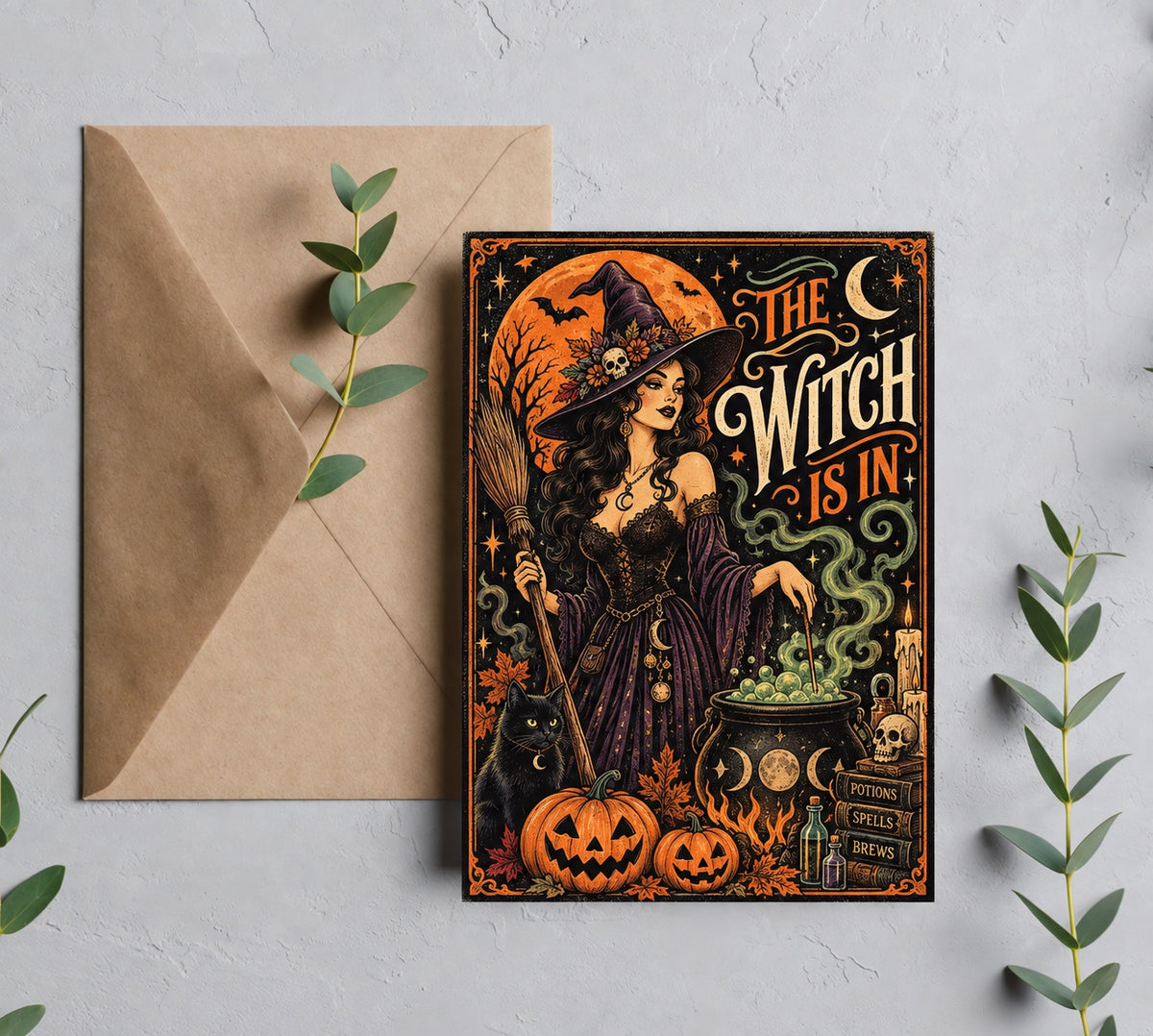 The Witch Is In vintage Halloween greeting card mockup with brown envelope